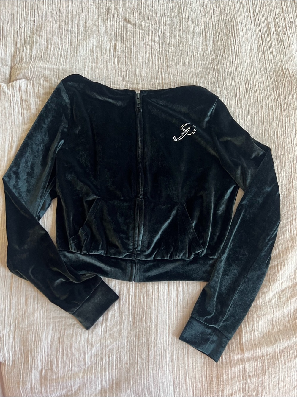PINK Victoria's Secret Black Velvet Zip Front Bomber Jacket with Rhinestone P